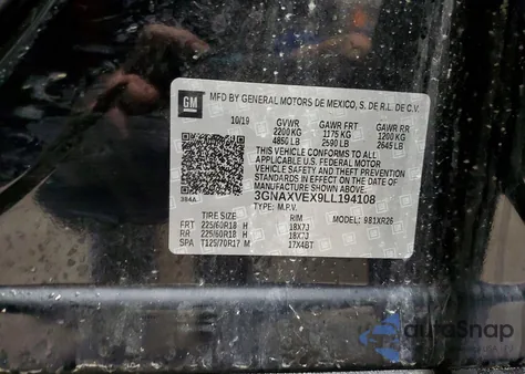 2020 Chevrolet Equinox Lt из США, поврежденный, VIN 3GNAXVEX9LL194108